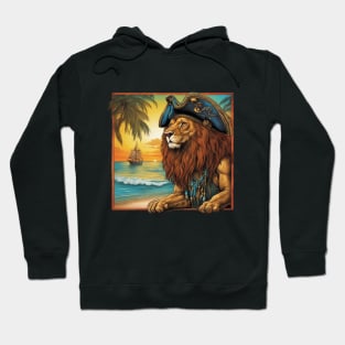 Lion with a Pirate hat  on a Tropical Beach Hoodie